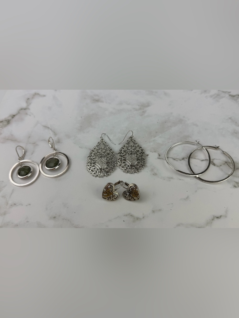 Modern Boho Silver Tone Earring Bundle Wavy Hoops Filigree Crystal Drops